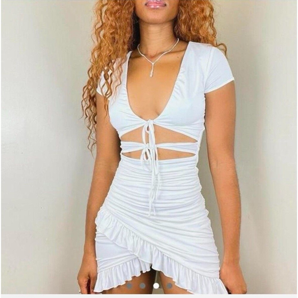 NWT I AM GIA Women Greta Dress Sexy Bodycon Dress V Neck Short White Ruffle